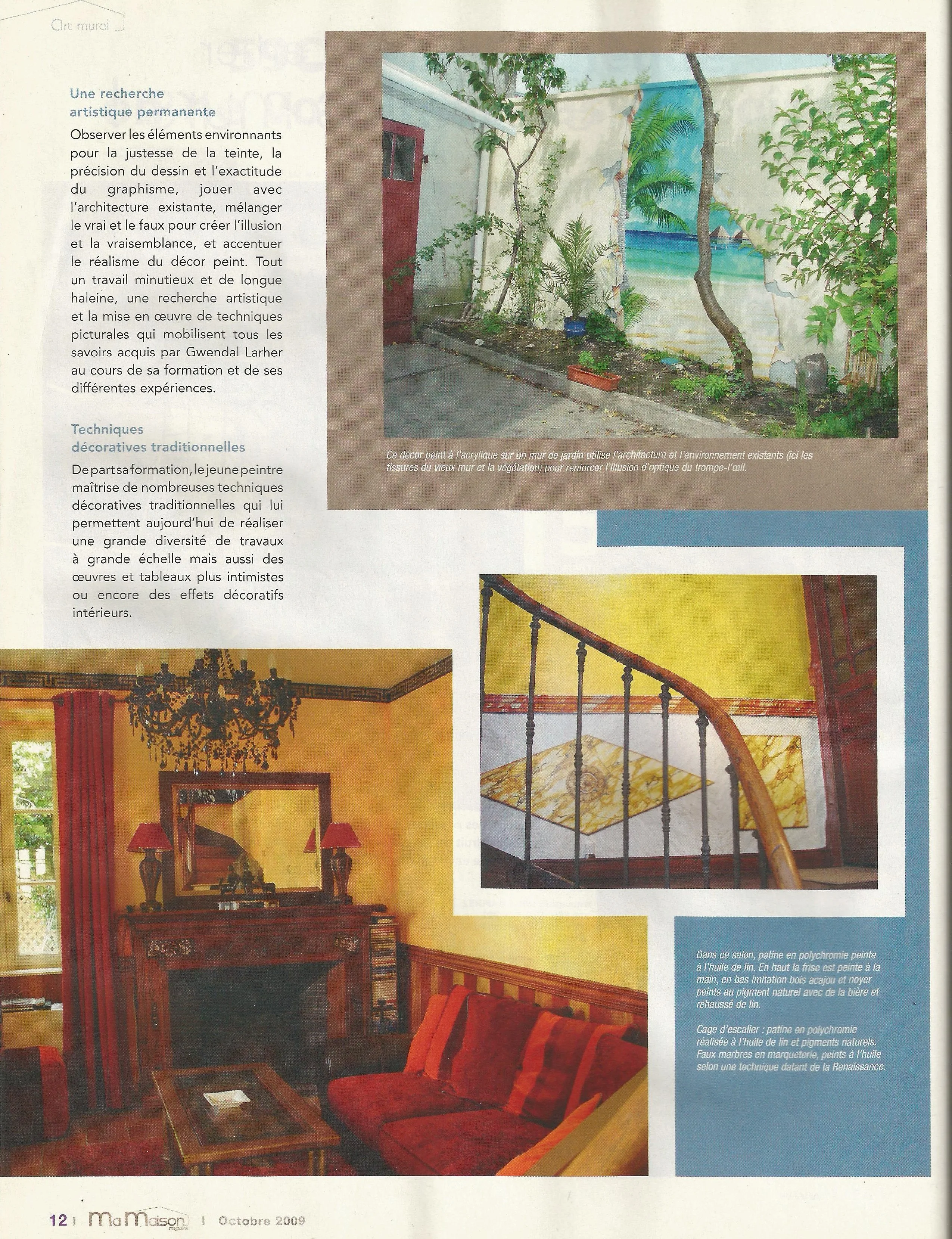Article du magazine Ma Maison (octobre 2009) sur les décors peints de Gwendal Larher, trompe-l'œil de jardin et faux marbres en intérieur.