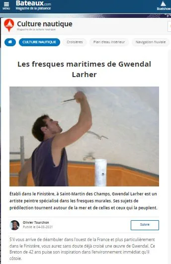Article du magazine Bateaux Mag consacré aux fresques maritimes de Gwendal Larher, peintre muraliste installé à Saint-Martin-des-Champs.