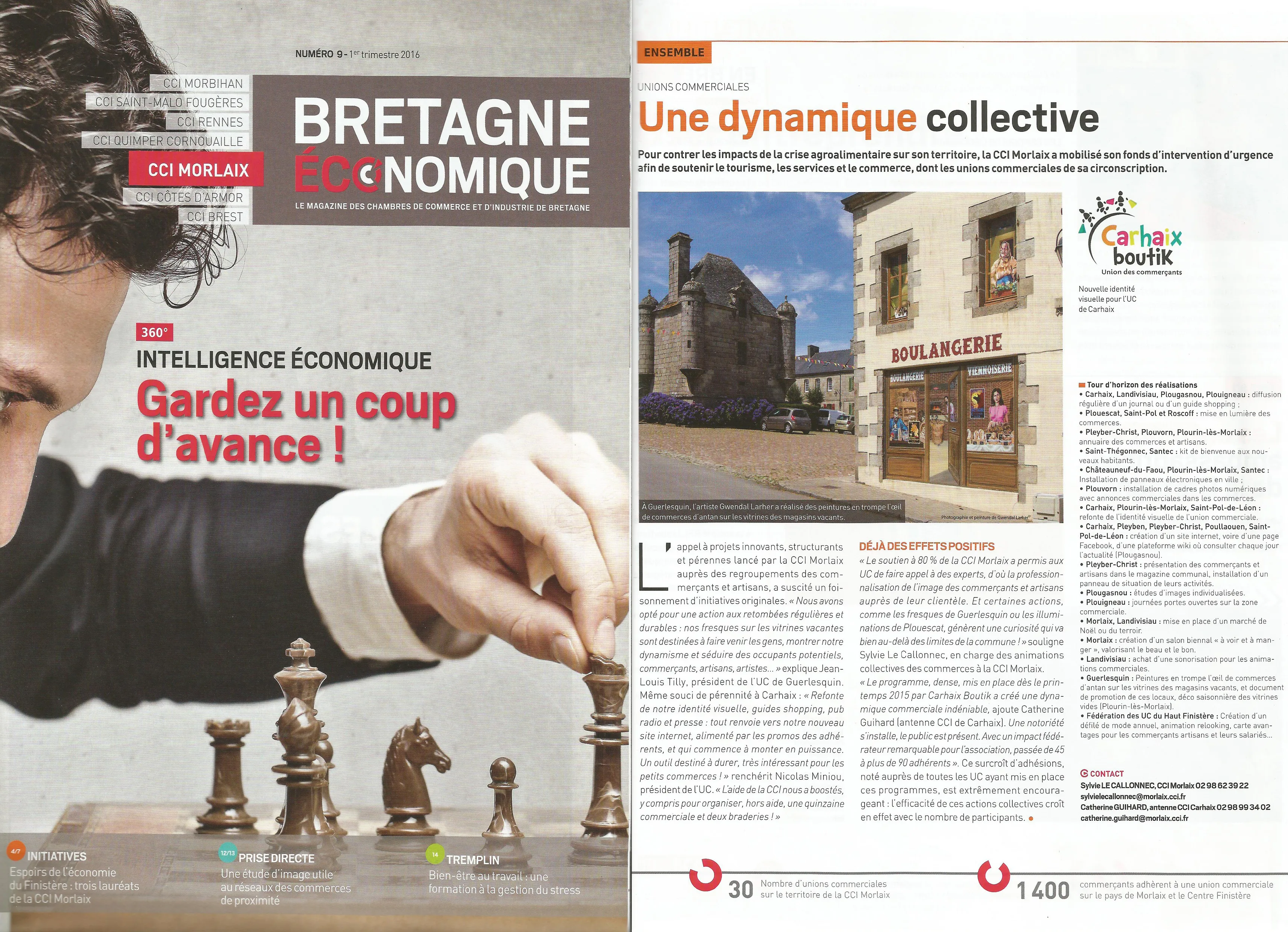 Page du magazine Bretagne Économique consacrée aux fresques en trompe-l'œil peintes par Gwendal Larher sur des vitrines vacantes à Guerlesquin.