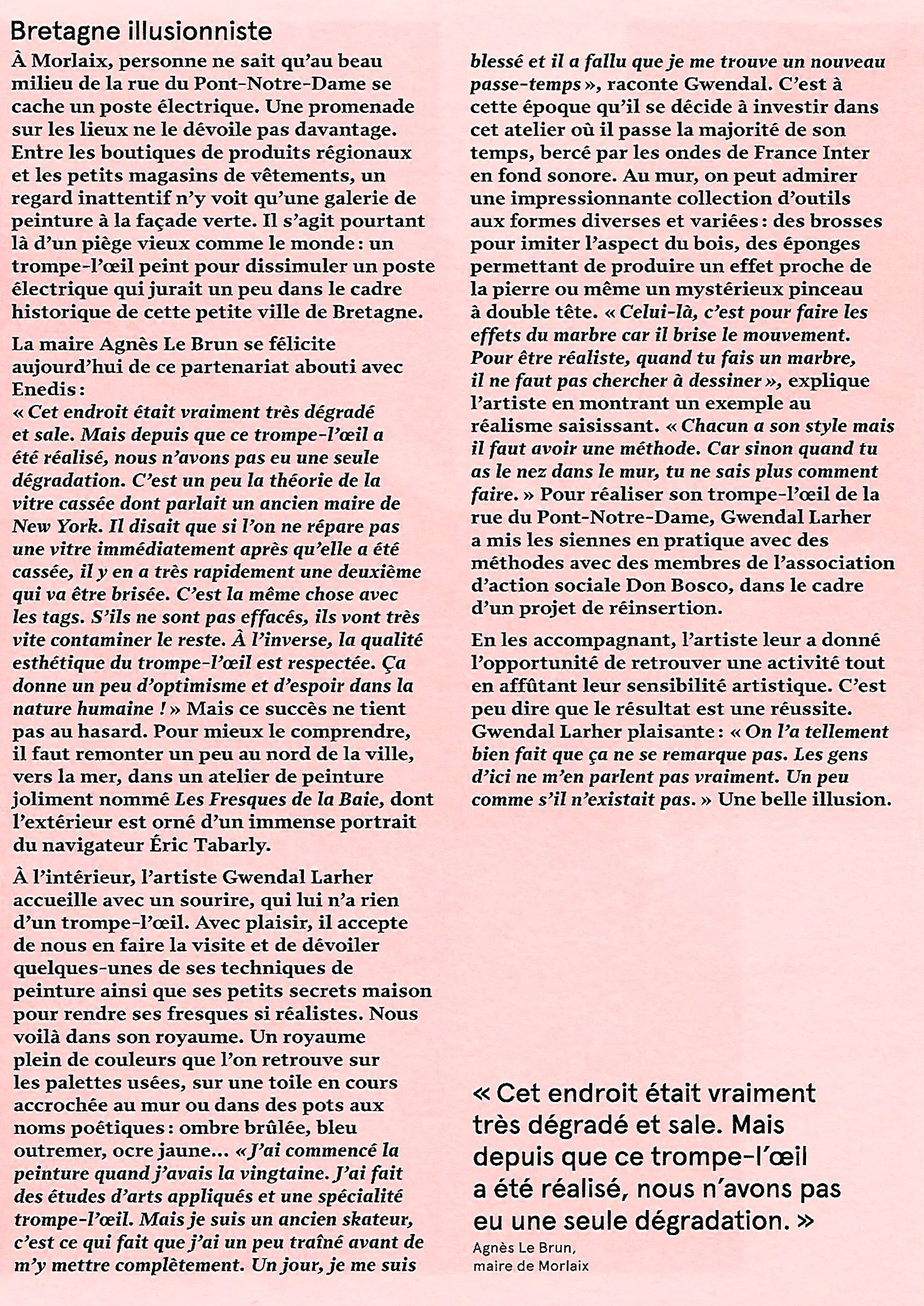 Article de magazine intitulé « Bretagne illusionniste », consacré au trompe-l'œil peint par Gwendal Larher à Morlaix et à son atelier.