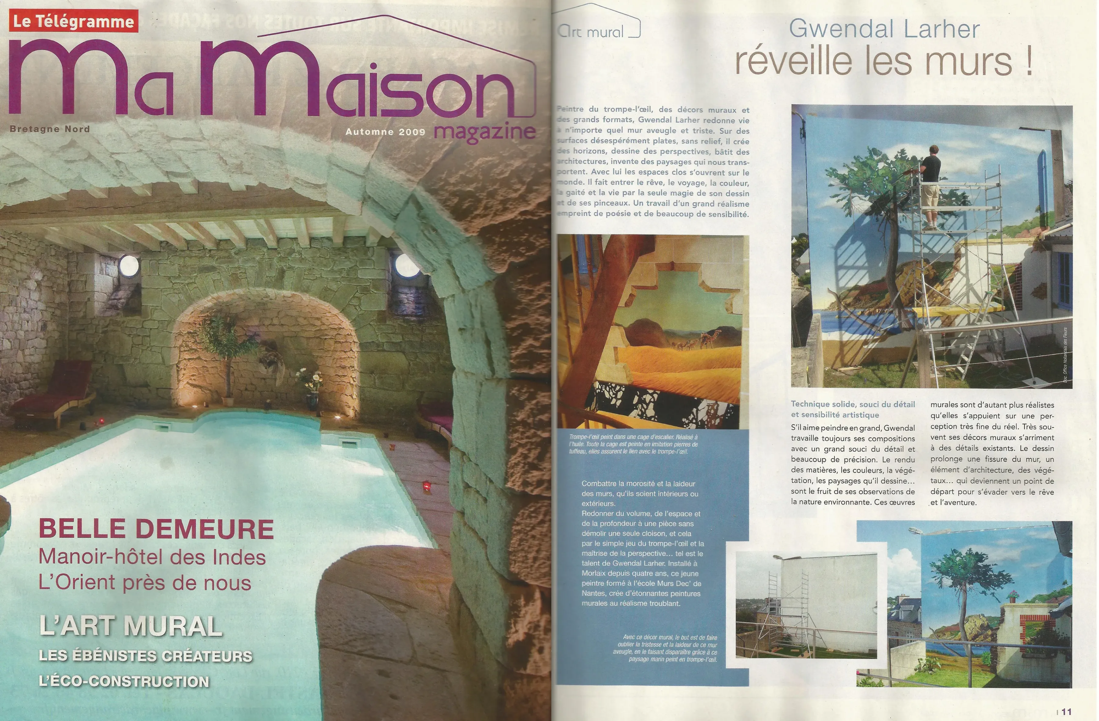 Couverture et article du magazine Ma Maison consacrés à l'art mural de Gwendal Larher, avec photo de l'artiste sur échafaudage.