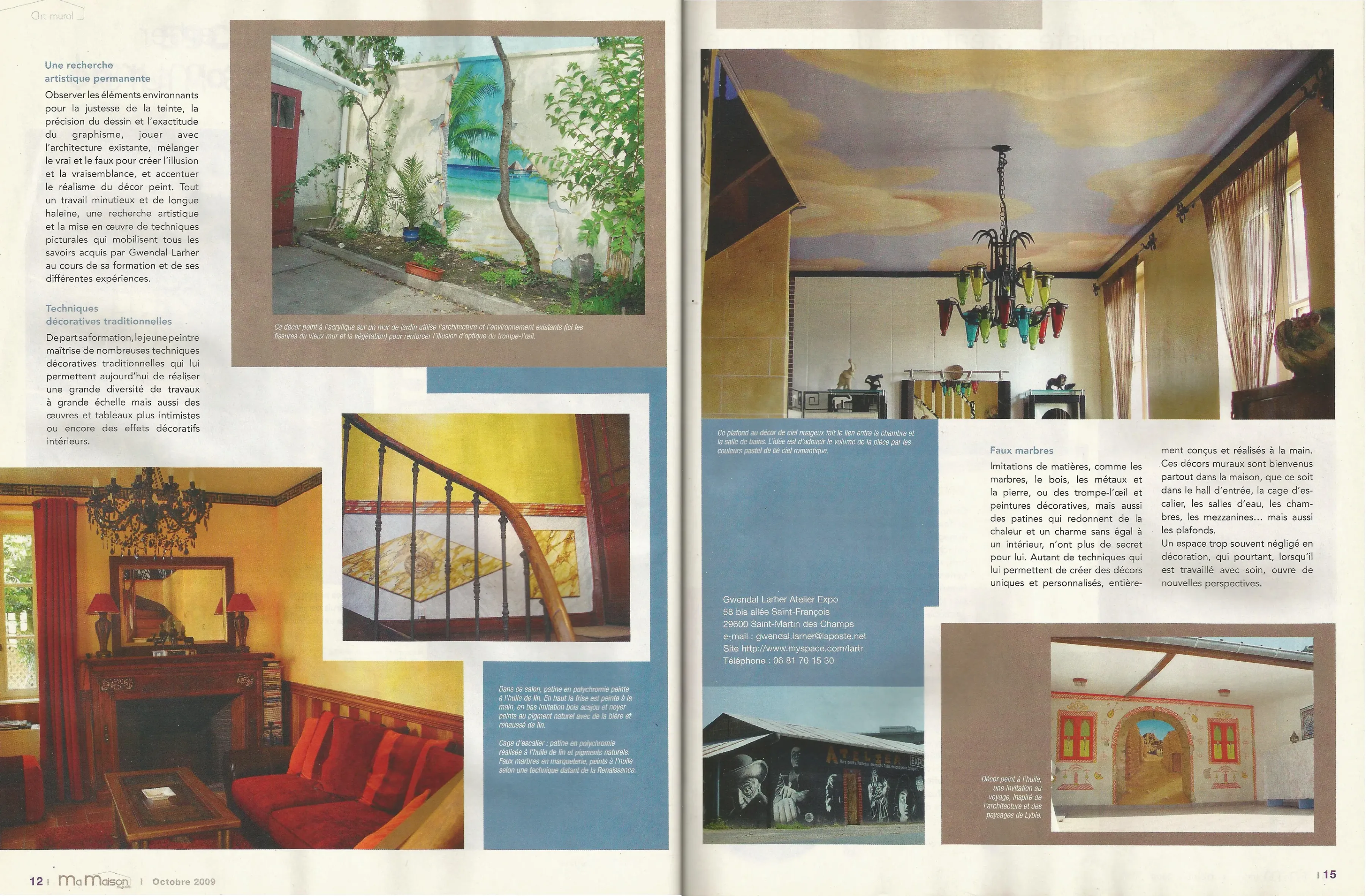 Double page du magazine Ma Maison présentant des décors muraux en trompe-l'œil réalisés par Gwendal Larher dans des intérieurs.