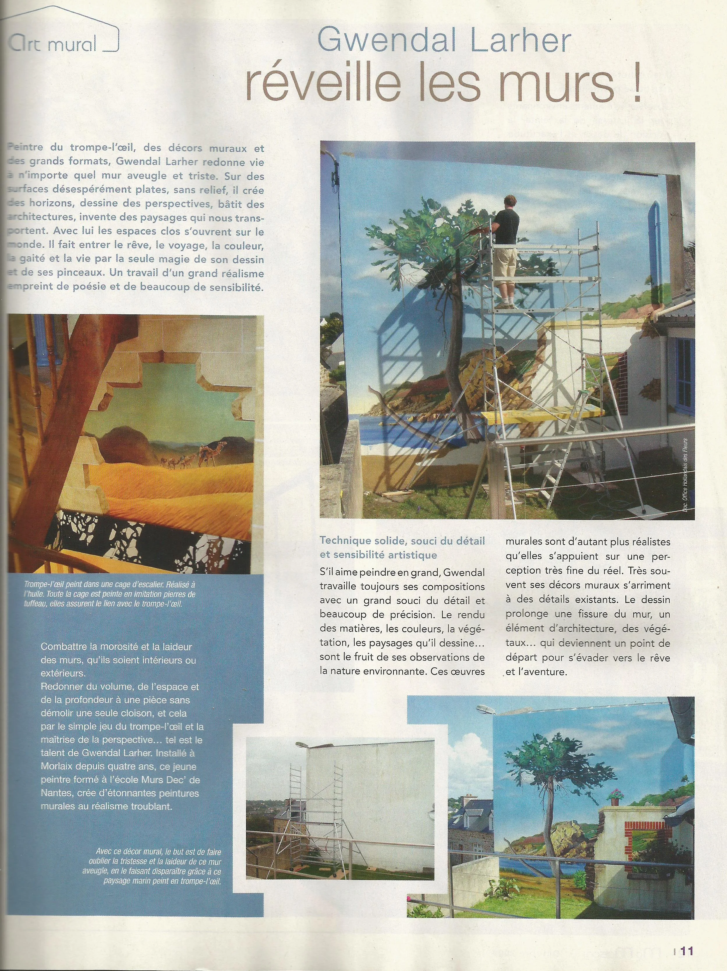 Page intérieure du magazine Ma Maison, article « Gwendal Larher réveille les murs », avec photo de l'artiste peignant un arbre en trompe-l'œil sur échafaudage.