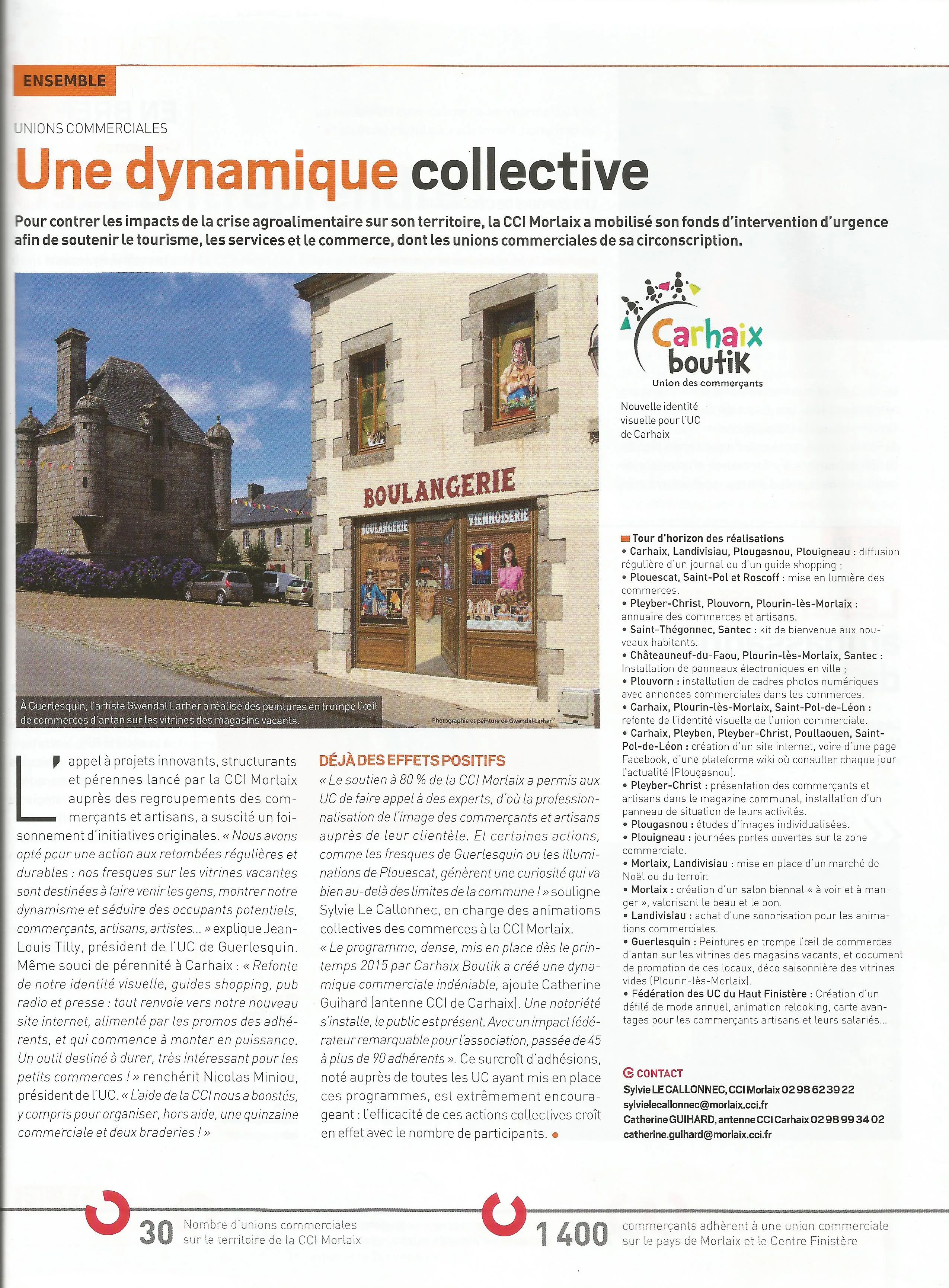 Article de magazine sur les unions commerciales, illustré par une fresque en trompe-l'œil de Gwendal Larher sur une boulangerie de Guerlesquin.