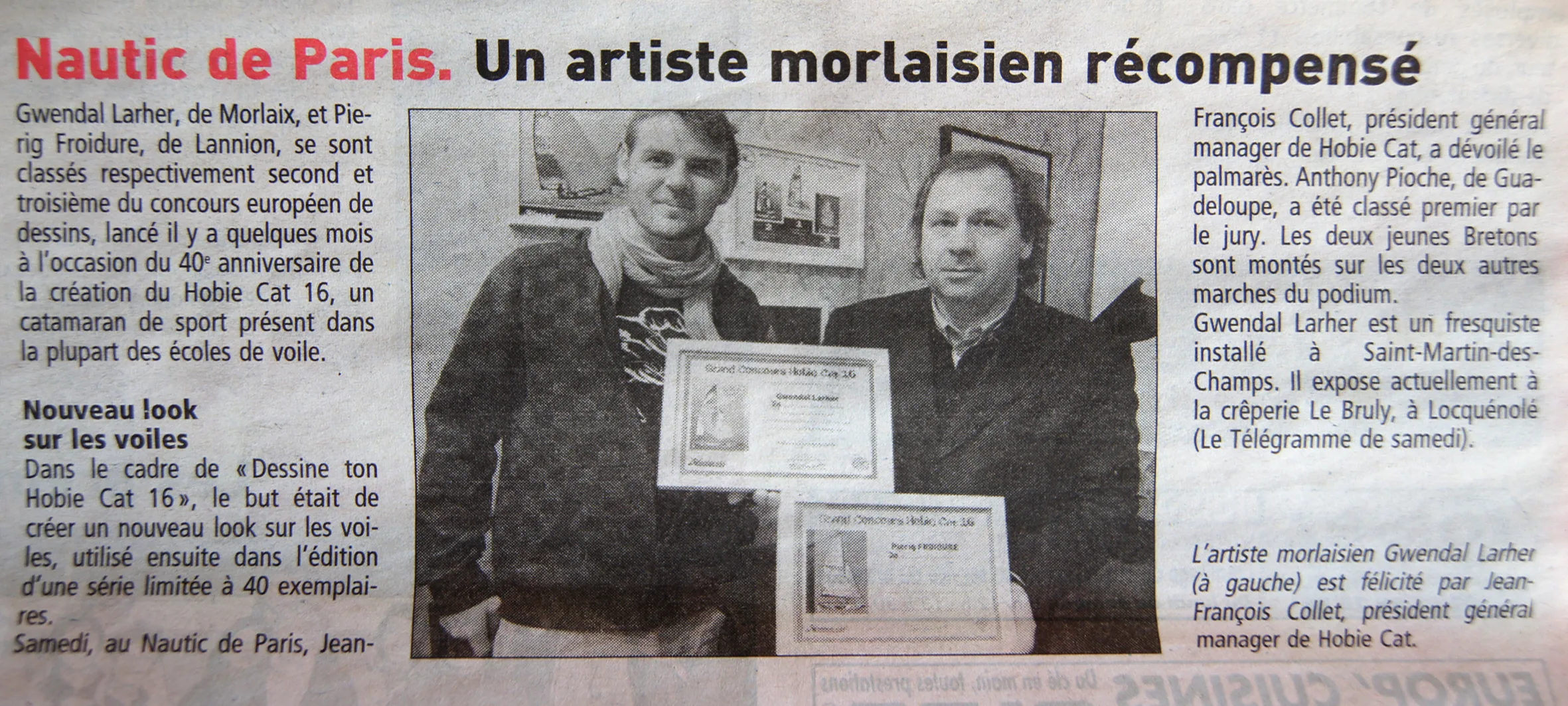 Article « Nautic de Paris, un artiste morlaisien récompensé », Gwendal Larher félicité pour son dessin sur voile de Hobie Cat.