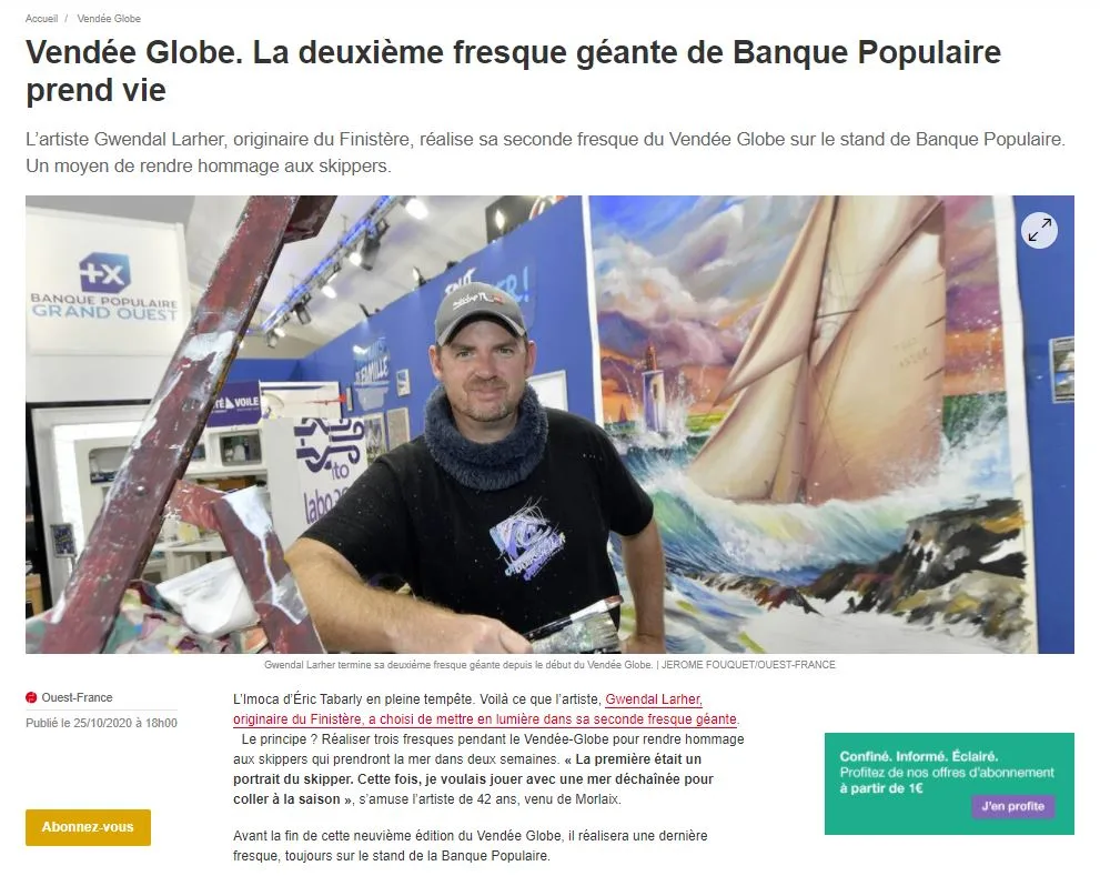 Article Ouest-France sur la deuxième fresque géante peinte par Gwendal Larher sur le stand Banque Populaire au Vendée Globe.