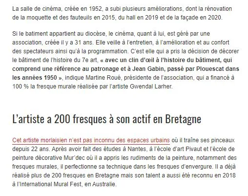Suite de l'article Ouest-France sur la fresque du cinéma Le Dauphin, précisant que Gwendal Larher a réalisé plus de 200 fresques en Bretagne.