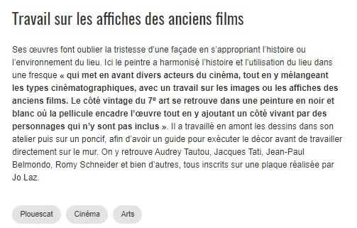 Fin de l'article Ouest-France sur la fresque du cinéma de Plouescat, détaillant le travail de Gwendal Larher sur les portraits d'acteurs de cinéma.