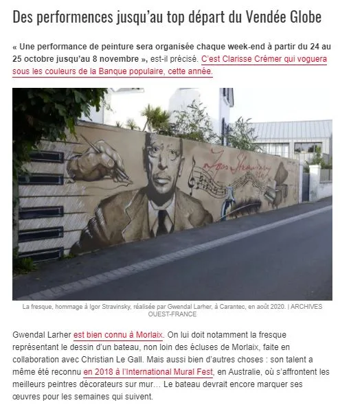 Suite de l'article Ouest-France, avec la fresque hommage à Igor Stravinsky peinte par Gwendal Larher à Carantec en août 2020.