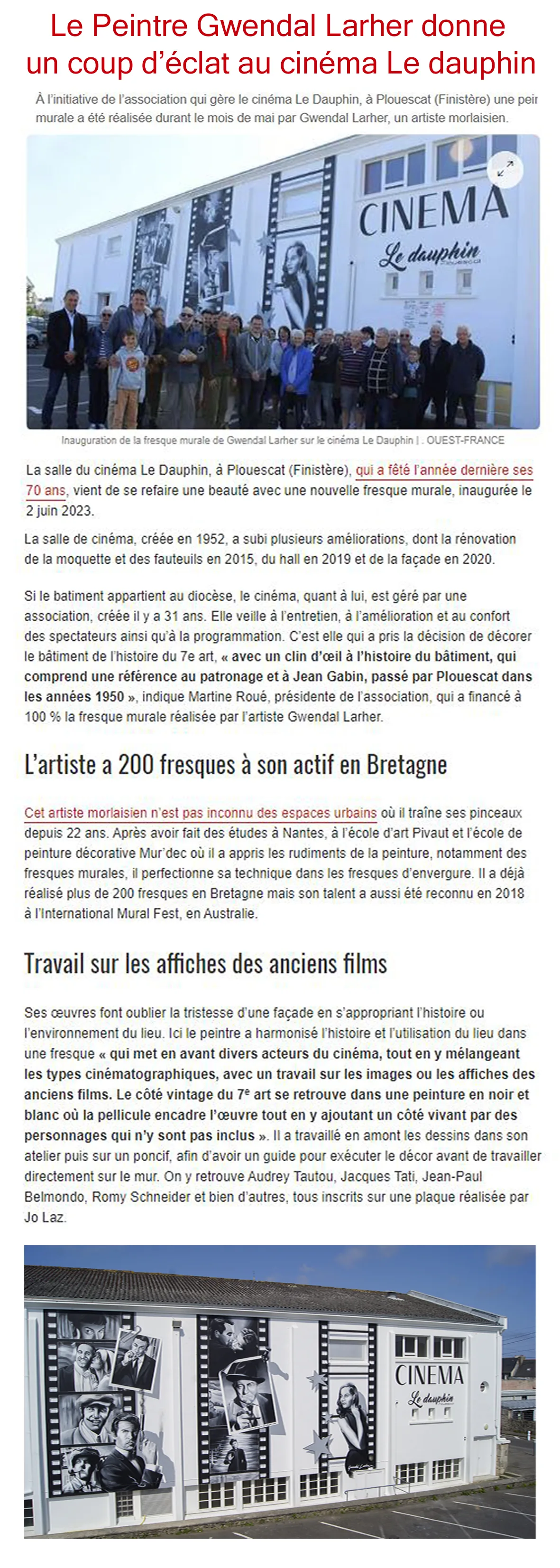 Article Ouest-France sur la fresque murale peinte par Gwendal Larher sur la façade du cinéma Le Dauphin à Plouescat, avec photo de l'inauguration.