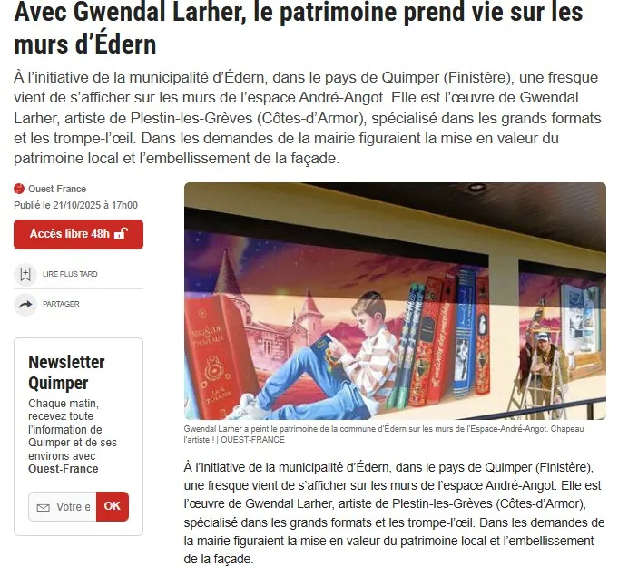 Article Ouest-France « Avec Gwendal Larher, le patrimoine prend vie sur les murs d'Édern », illustré par une fresque représentant un enfant lisant.