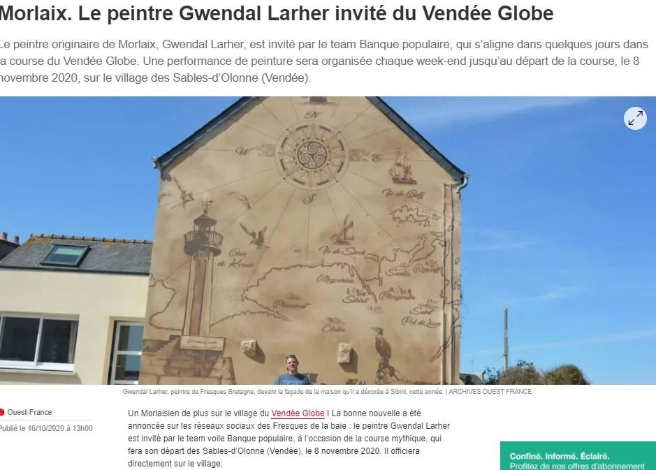 Article Ouest-France annonçant que le peintre morlaisien Gwendal Larher est invité par Banque Populaire au village du Vendée Globe.