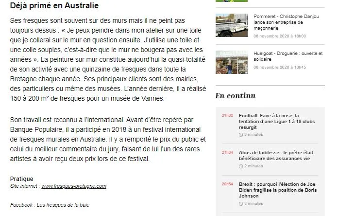 Suite de l'article sur le parcours de Gwendal Larher, revenant sur son prix remporté à un festival de fresques murales en Australie.