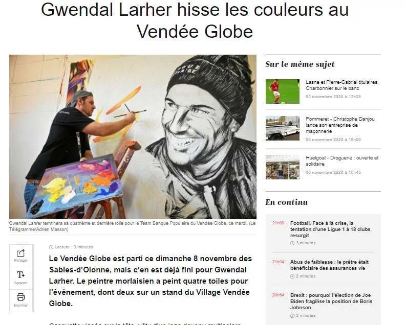 Article sur Gwendal Larher peignant des toiles pour le Vendée Globe, avec photo de l'artiste au pinceau devant un portrait de marin.
