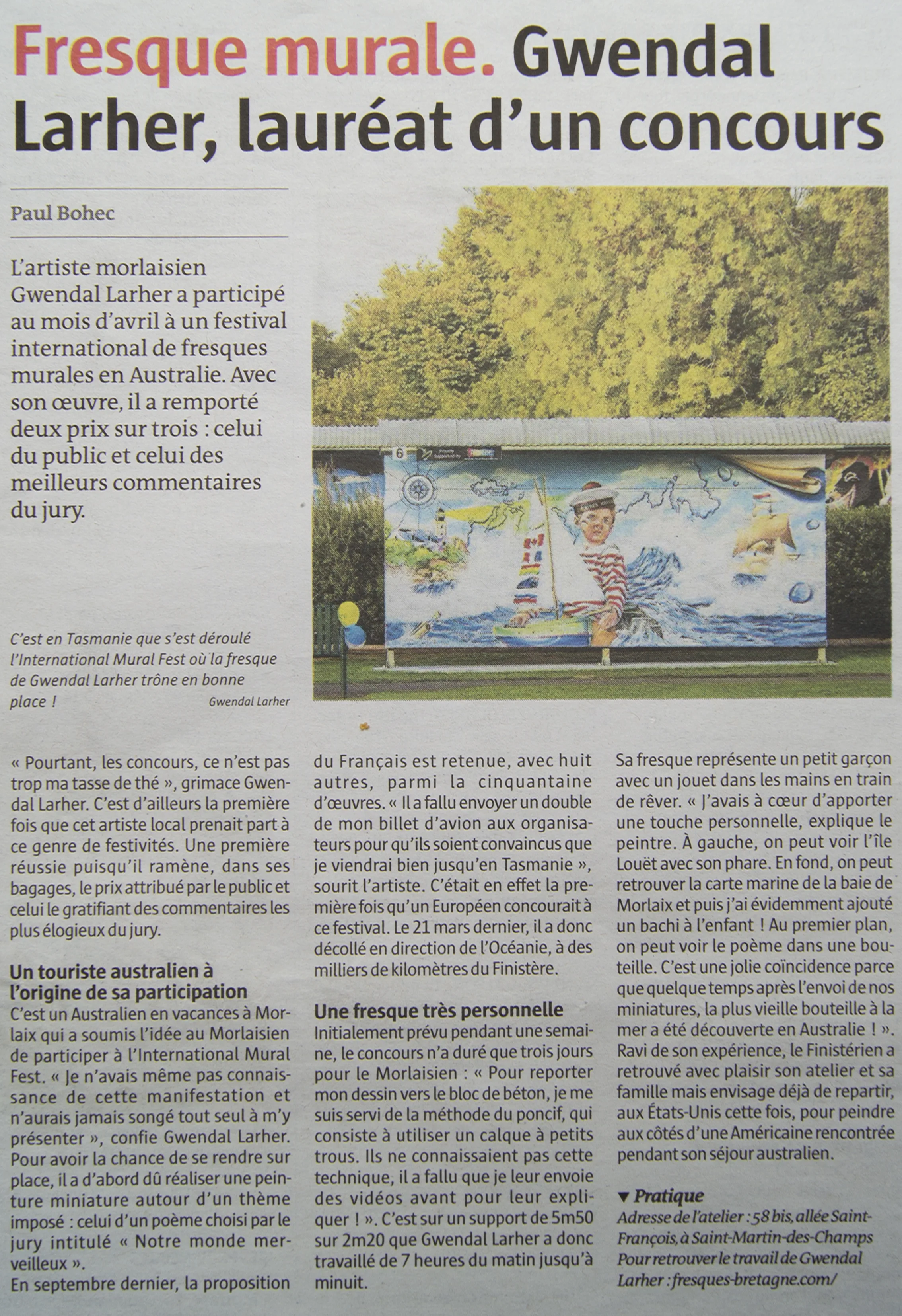 Article signé Paul Bohec sur la victoire de Gwendal Larher à un concours international de fresques murales en Australie.