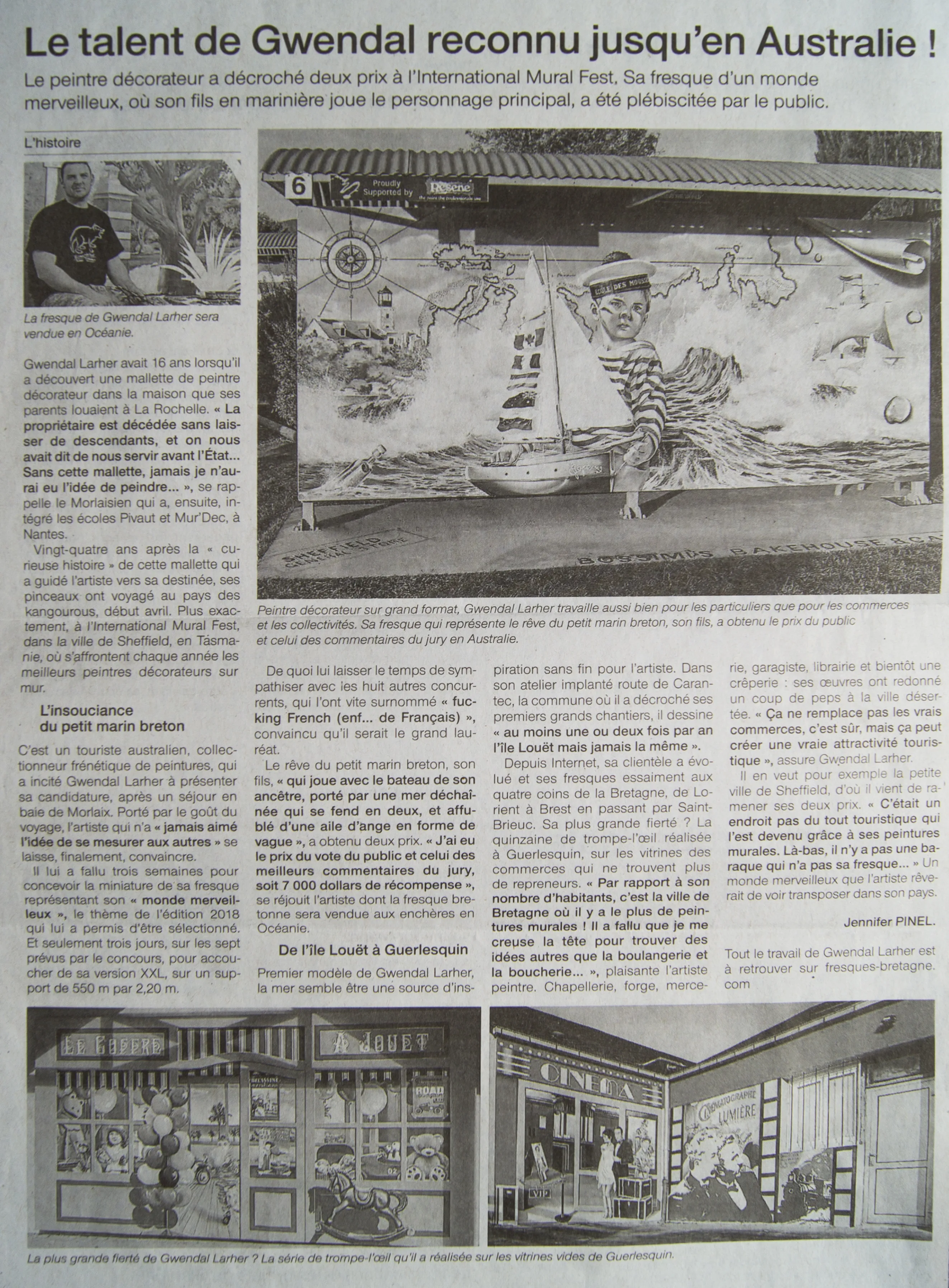 Article « Le talent de Gwendal reconnu jusqu'en Australie », sur ses prix remportés à l'International Mural Fest en Tasmanie.