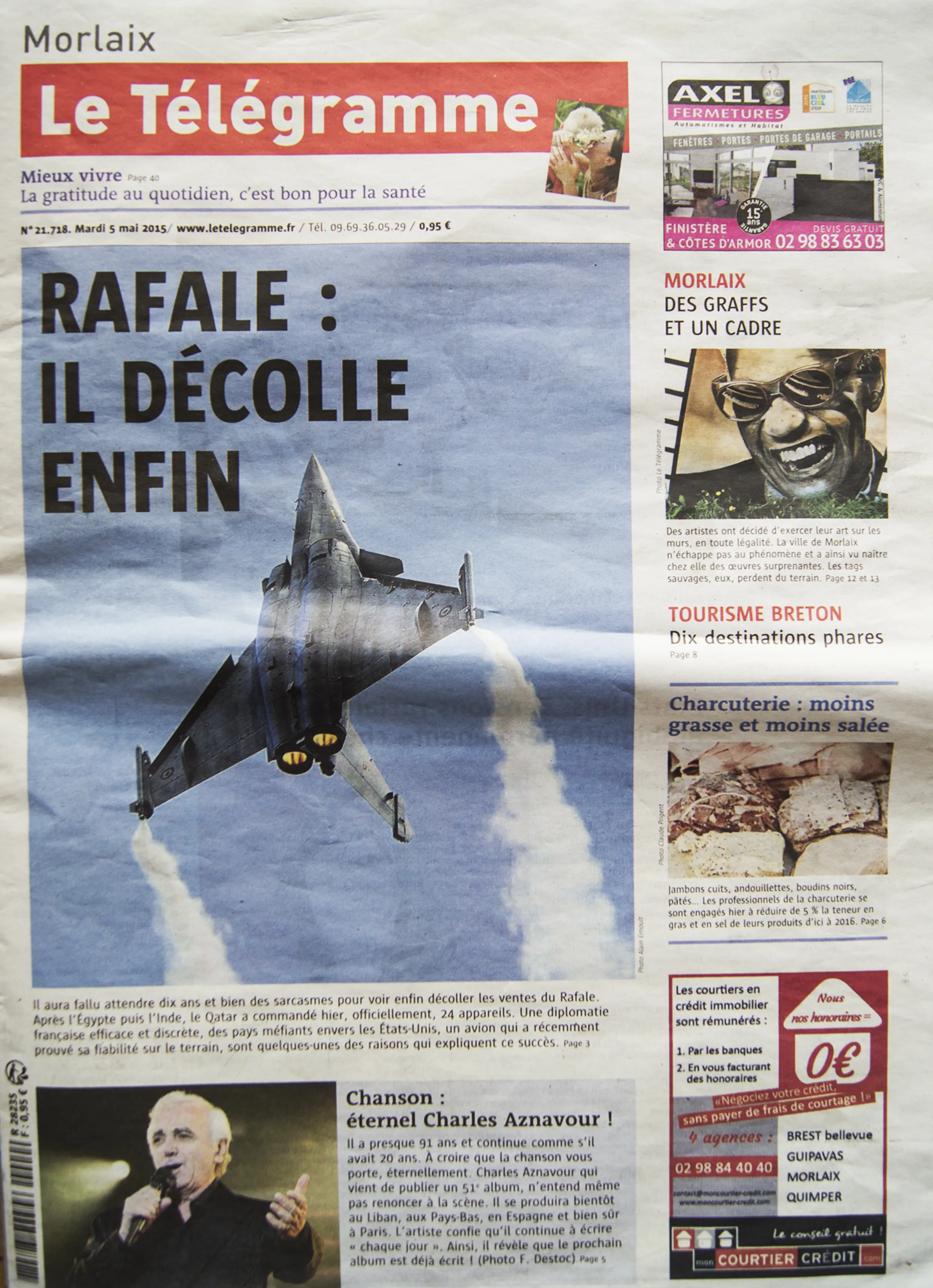 Une du Télégramme du 5 mai 2015 annonçant en encart l'article sur les fresques et le graff à Morlaix.