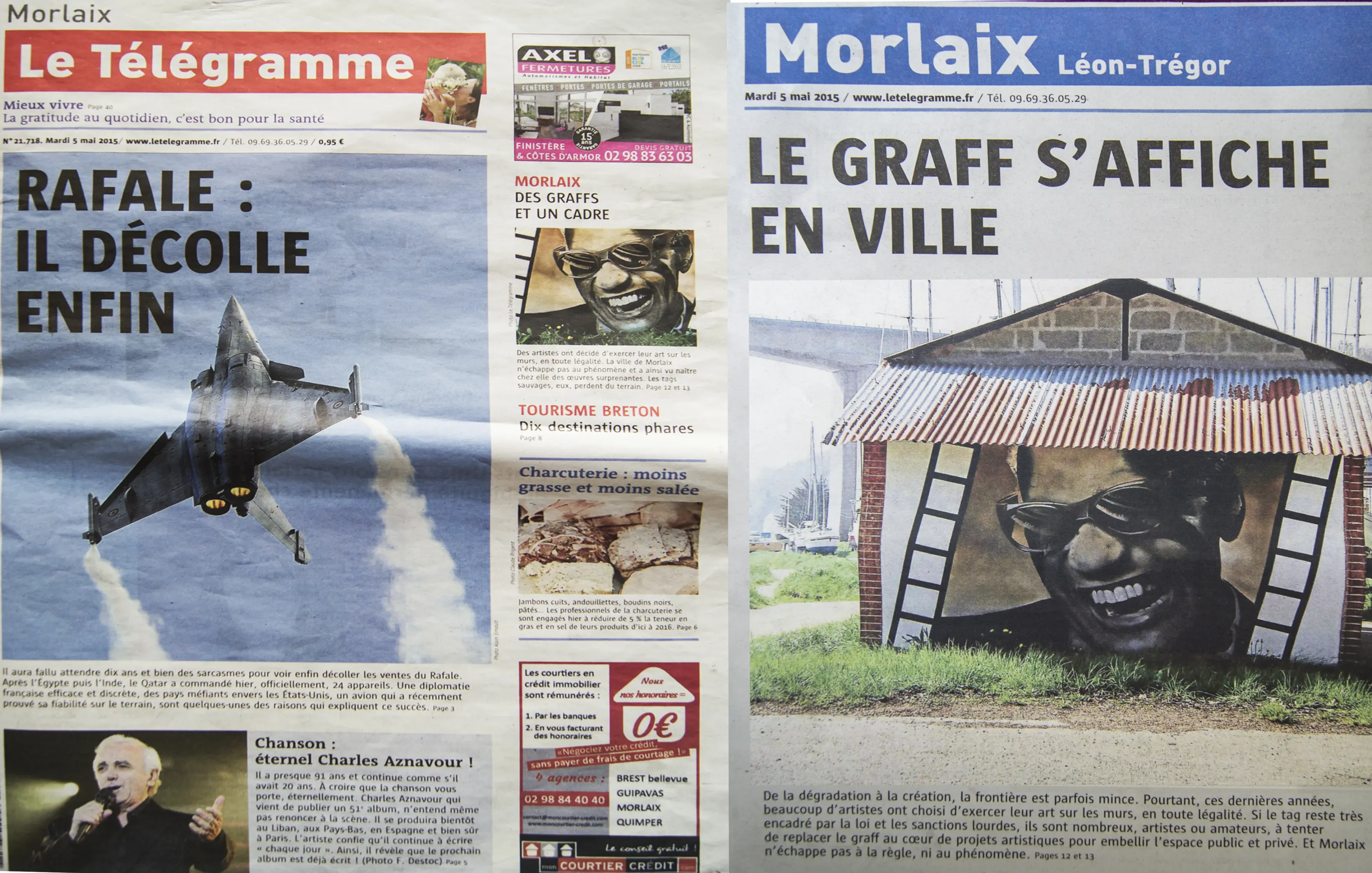 Une du Télégramme titrée « Le graff s'affiche en ville », avec photo d'une fresque de Gwendal Larher peinte sous le viaduc de Morlaix.