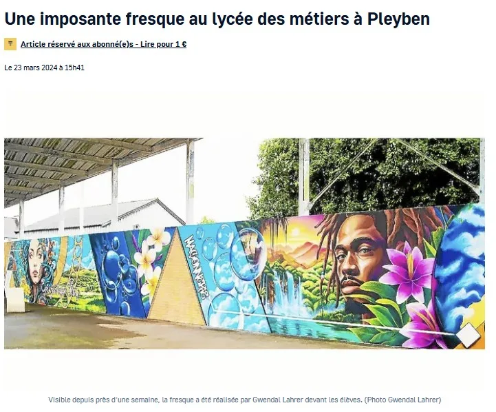 Article titré « Une imposante fresque au lycée des métiers à Pleyben », montrant une fresque colorée mêlant portrait et motifs floraux.