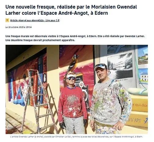 Article titré « Une nouvelle fresque... colore l'Espace André-Angot, à Édern », avec photo de Gwendal Larher et un collaborateur devant la fresque.