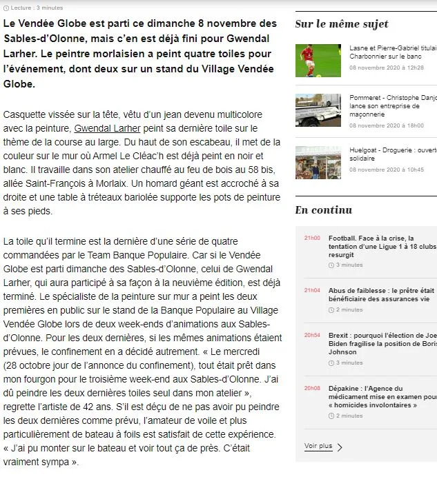 Suite de l'article sur les toiles peintes par Gwendal Larher pour le Vendée Globe, décrivant son atelier morlaisien et son travail sur le portrait d'Armel Le Cléac'h.