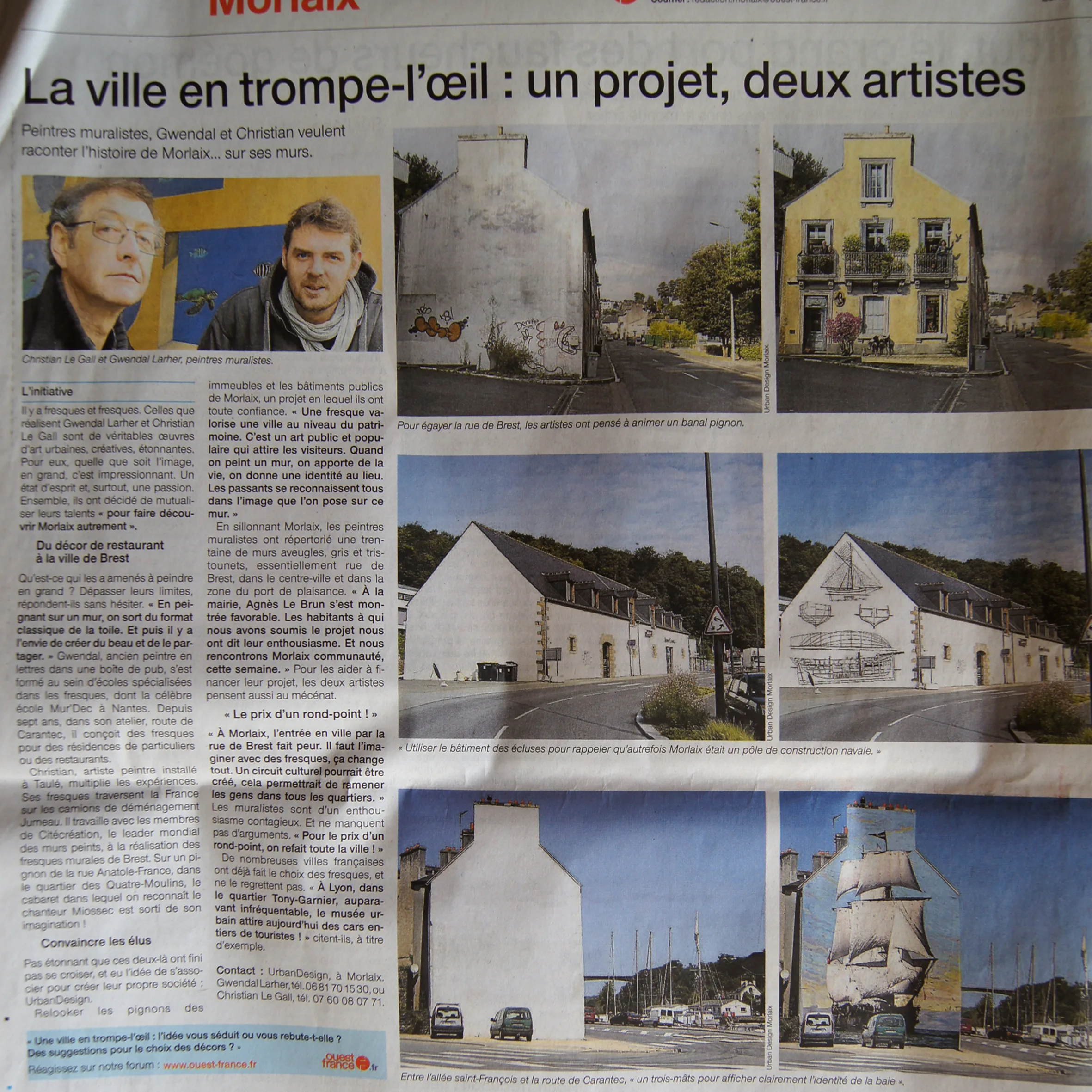 Article « La ville en trompe-l'œil, un projet, deux artistes », sur les projets de fresques de Gwendal Larher et Christian Le Gall à Morlaix.