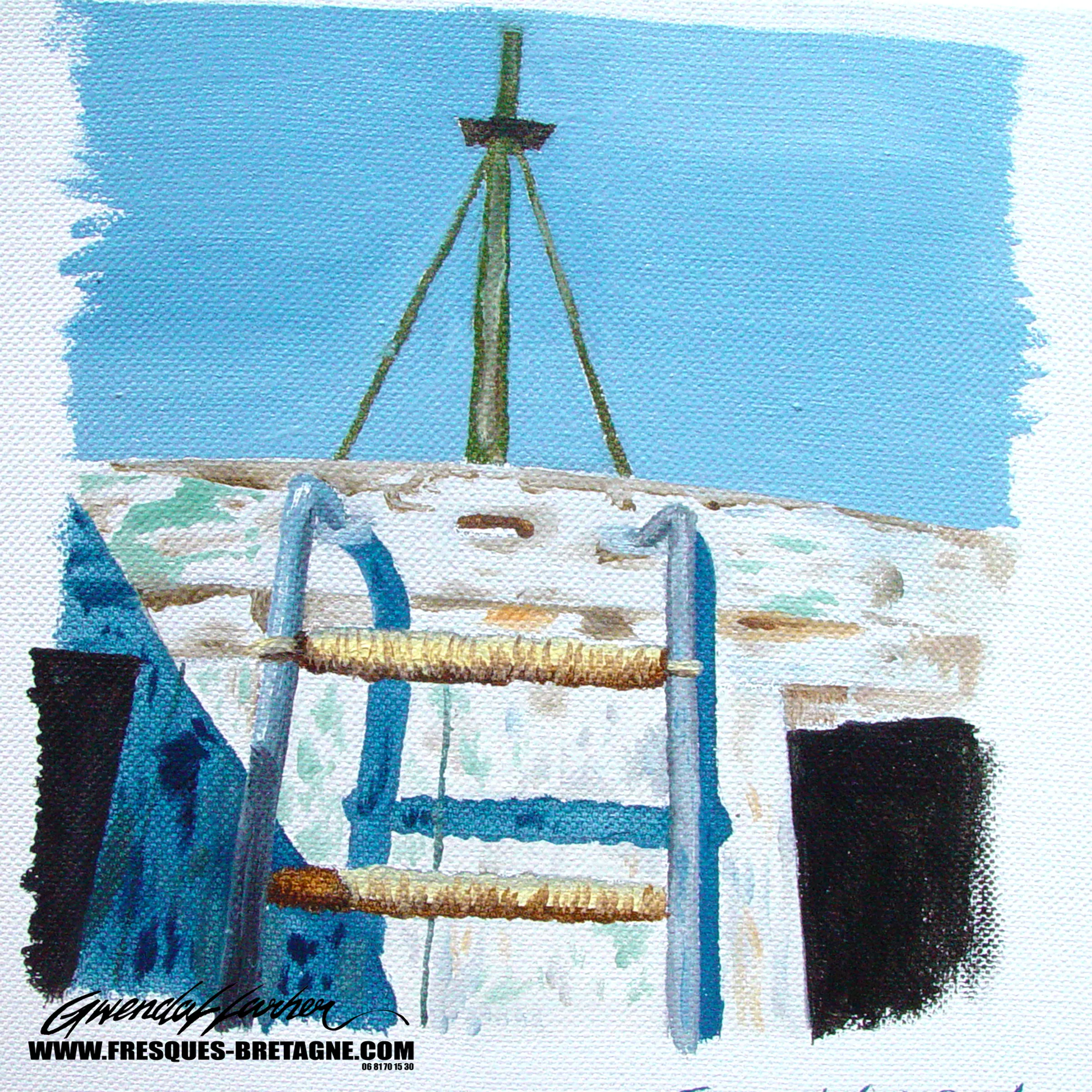 Tableau vendu — épave de vieux gréement de pêche, paysage marin breton.