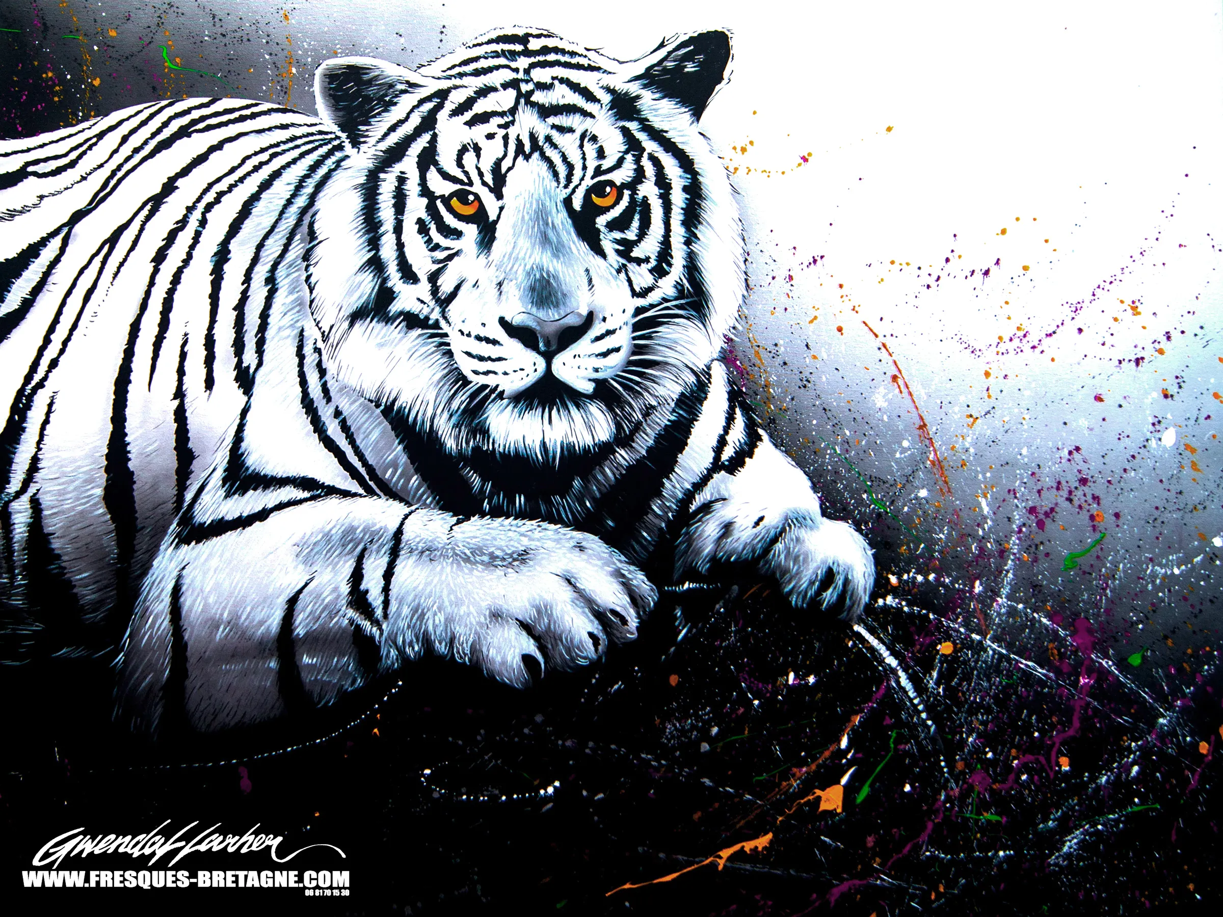 Tableau peint à l'acrylique sur toile, tigre en noir et blanc, création d'atelier en Bretagne