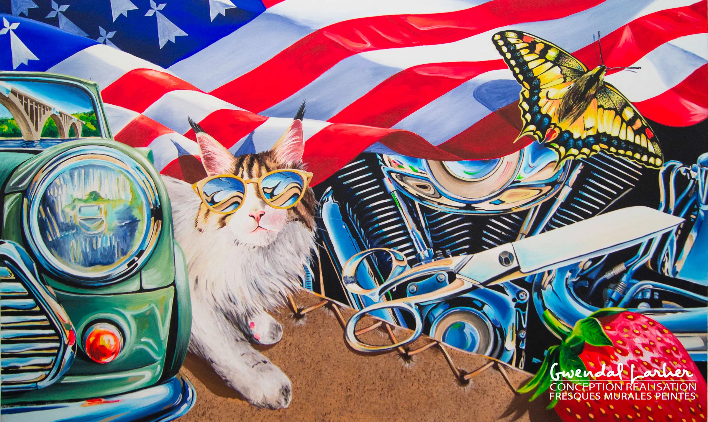 Tableau vendu — chat maine coon et fraises, peinture acrylique graffiti.