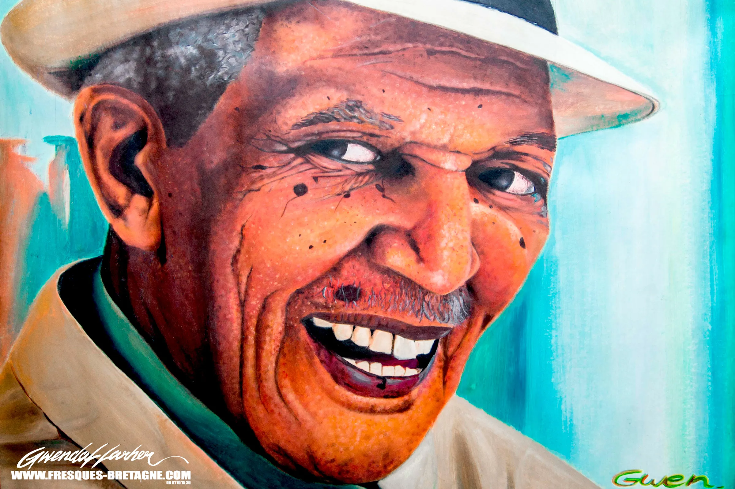 Tableau acrylique, portrait du chanteur cubain Compay Segundo, commande privée.