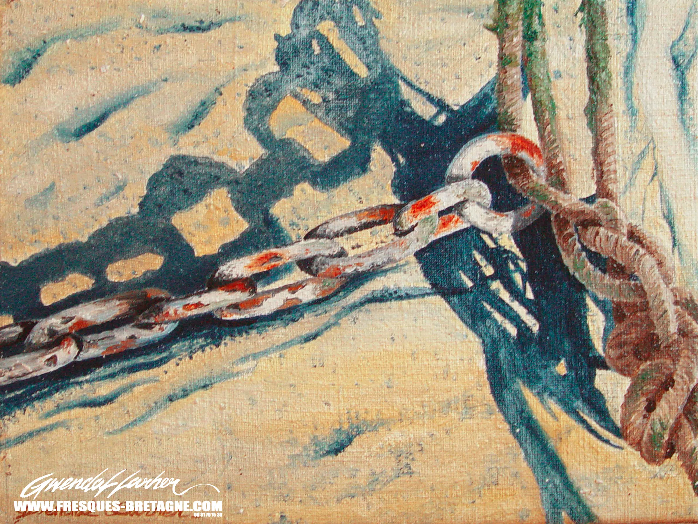 Tableau vendu — cordes et chaînes sur la plage de sable à Locquirec.