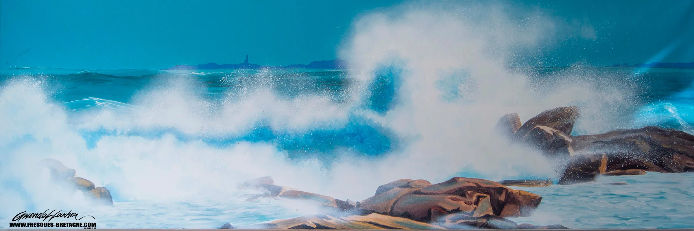 Tableau vendu — peinture de marine, vagues à l'île de Batz, baie de Morlaix.