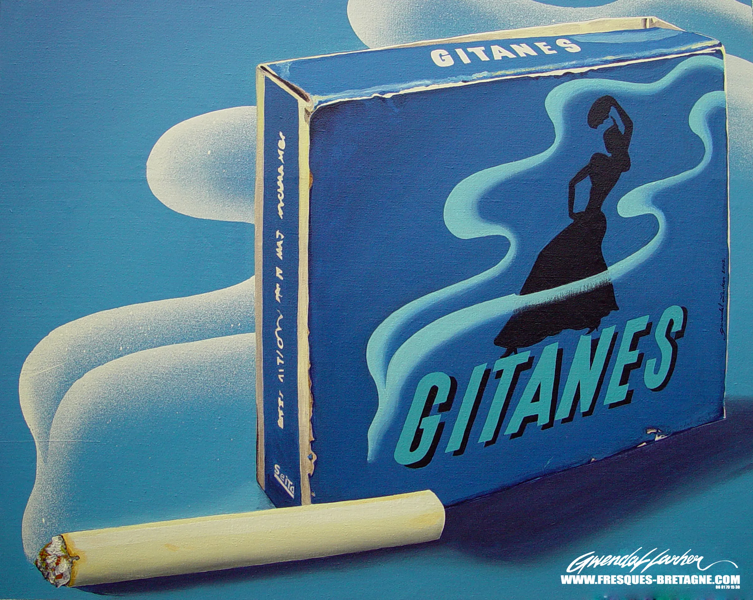 Tableau vendu — nature morte, paquet de cigarettes Gitanes, acrylique.