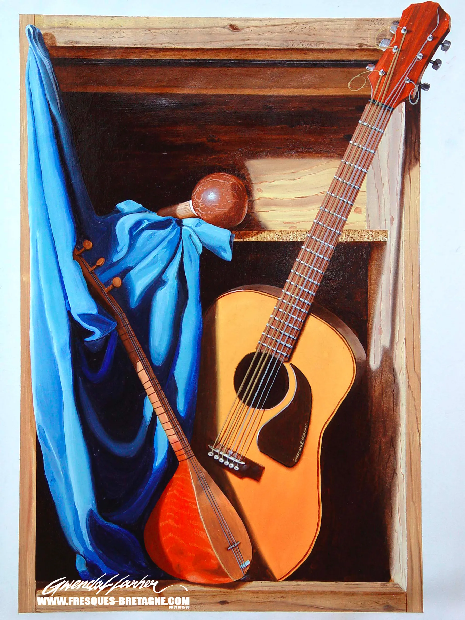 Tableau vendu — trompe-l'œil représentant une guitare, instrument de musique.