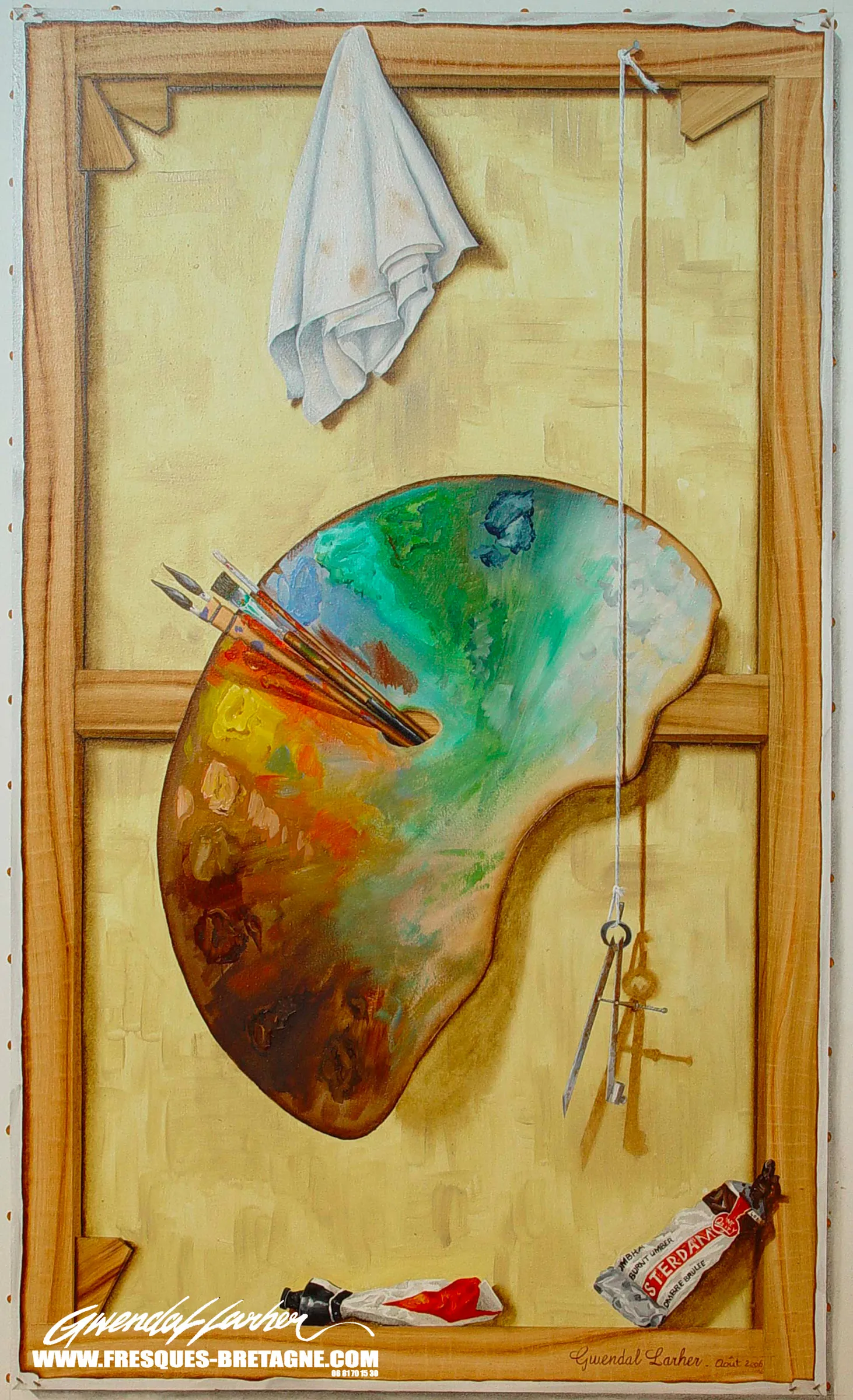Tableau vendu — trompe-l'œil, palette de peintre, pinceaux et tubes de couleurs.